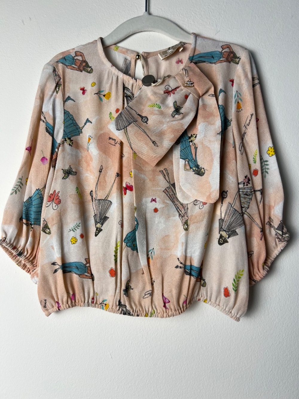 NWT Elisabetta Franchi Girls Printed Blouse Top Bow Detail Pink Size 5-6 Italy